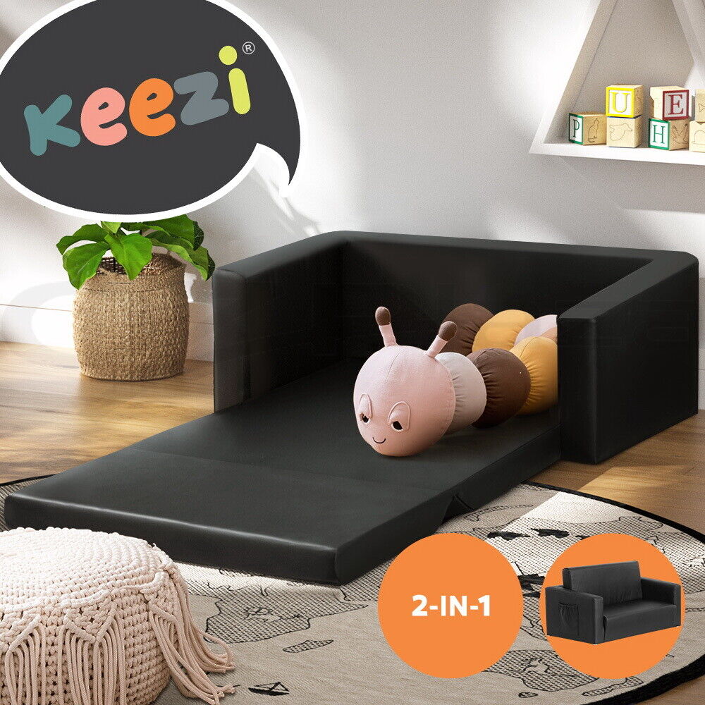 Keezi Kids Sofa 2 Seater Children Flip Open Couch PU Leather Armchair Black