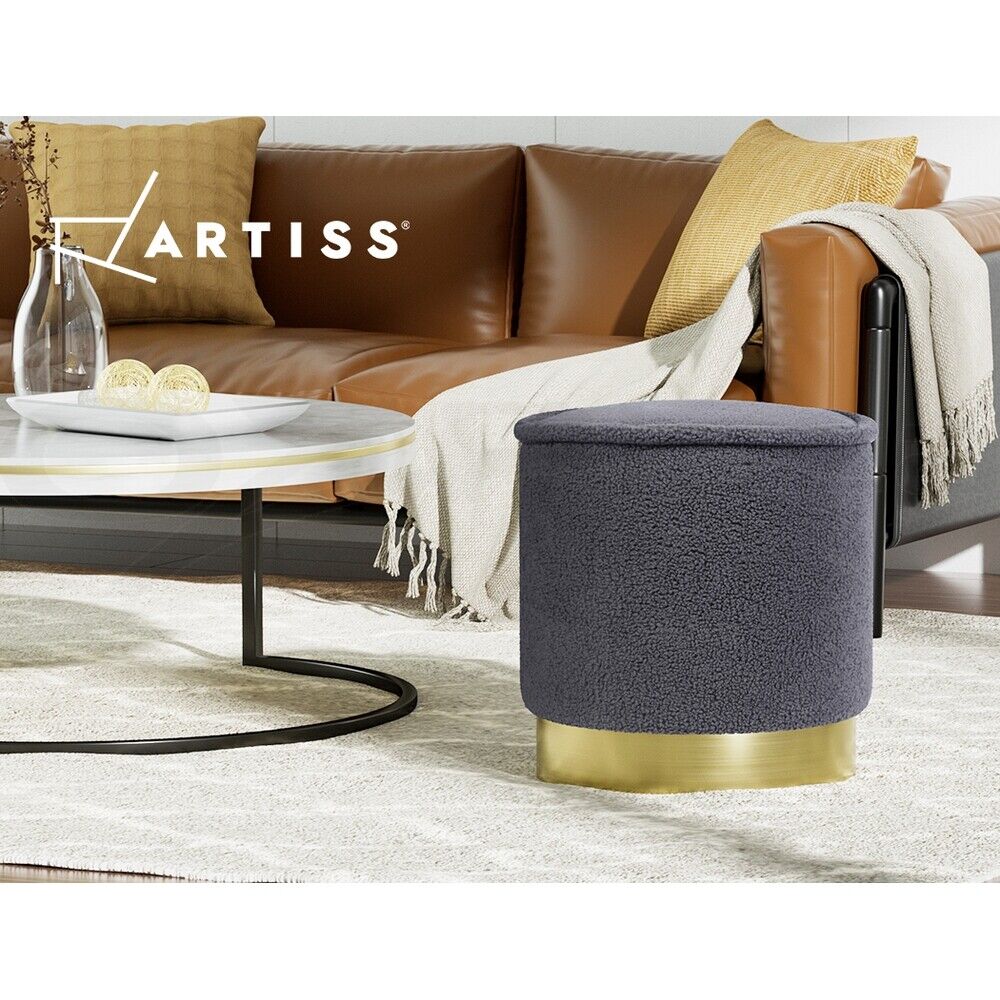 Artiss Ottoman Round Foot Stool Teddy Fabric Foot Rest Padded Seat Charcoal