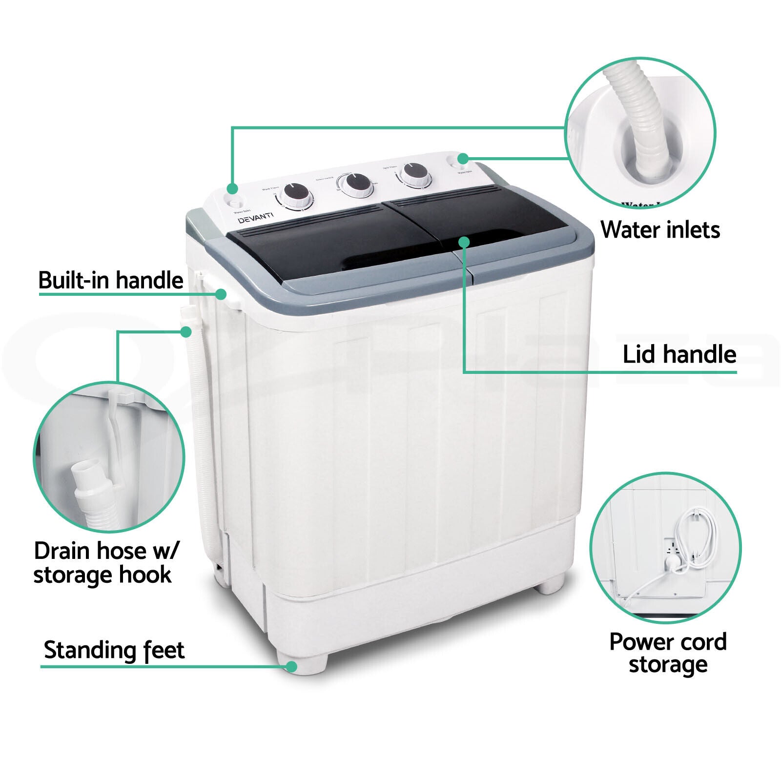 Devanti Portable Washing Machine Twin Tub 5KG White