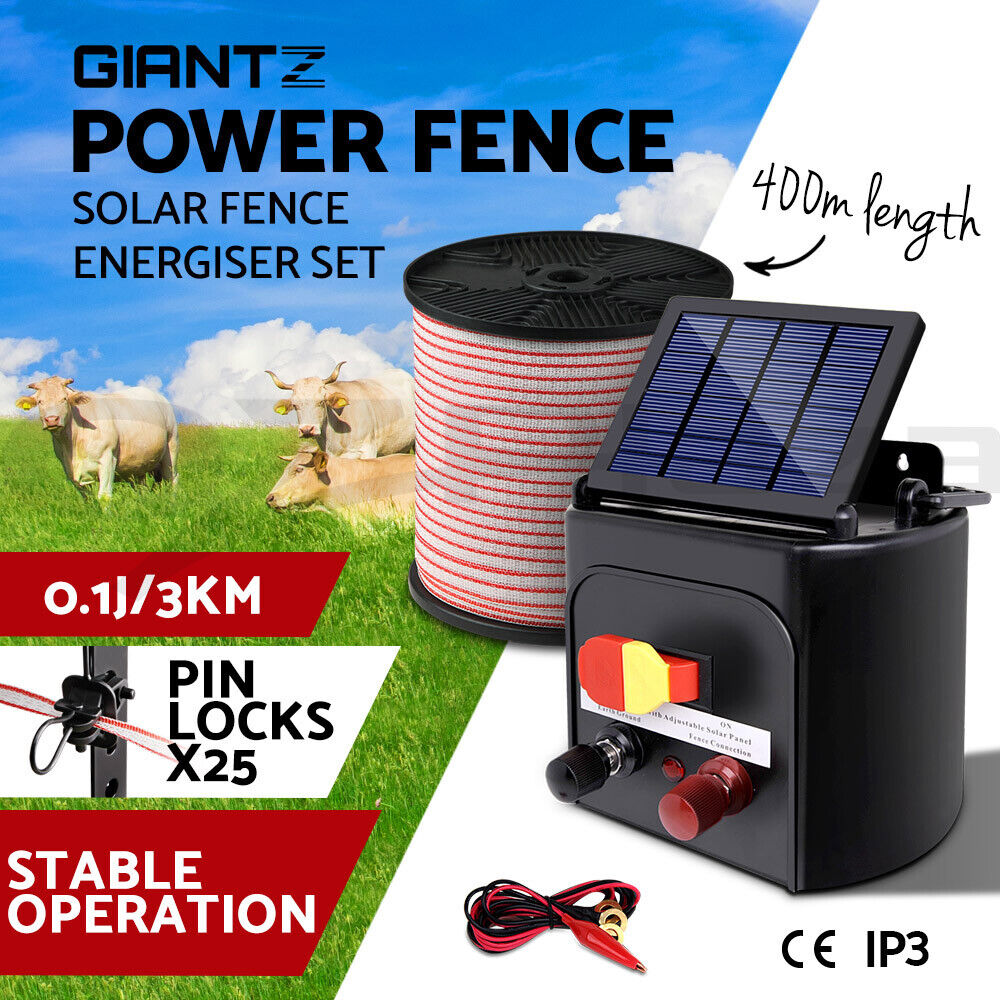 Giantz Fence Energiser 3KM Solar Powered Electric 400M Poly Tape Insulator