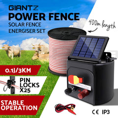 Giantz Fence Energiser 3KM Solar Powered Electric 400M Poly Tape Insulator