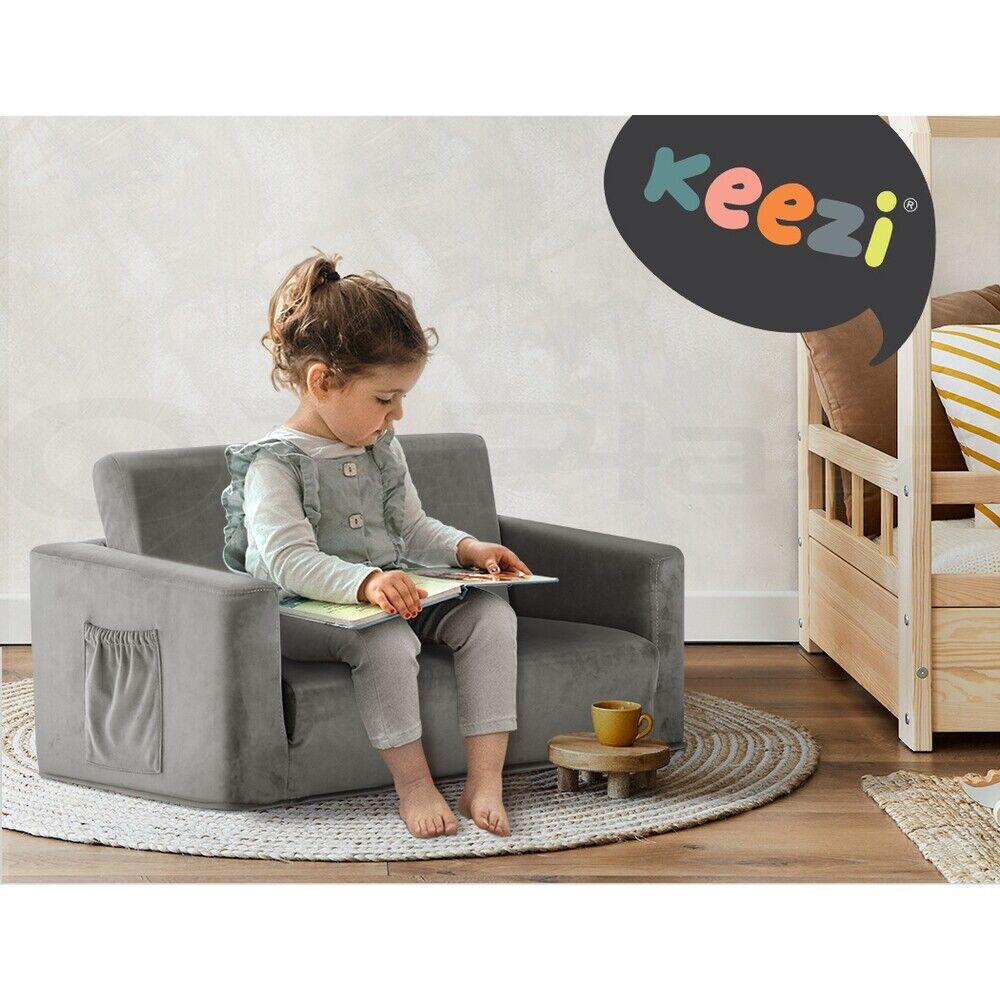 Keezi Kids Sofa 2 Seater Children Flip Open Couch Velvet Armchair Grey