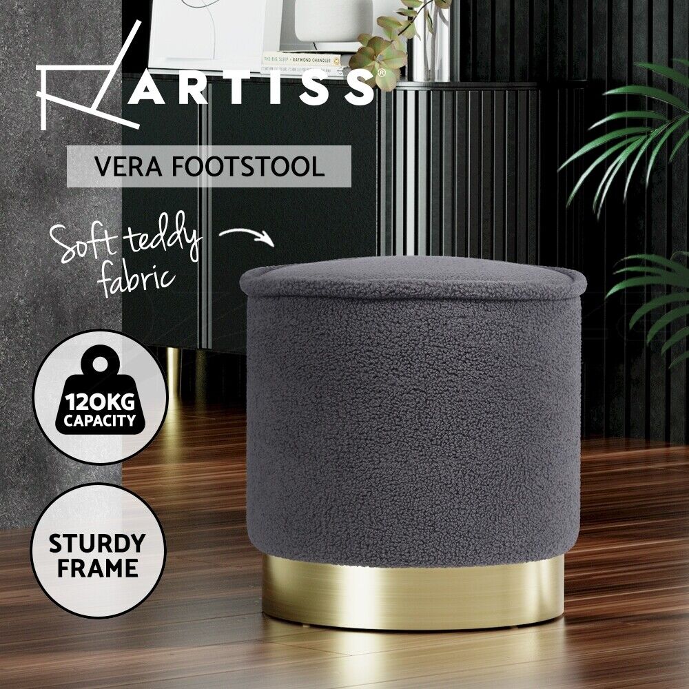 Artiss Ottoman Round Foot Stool Teddy Fabric Foot Rest Padded Seat Charcoal