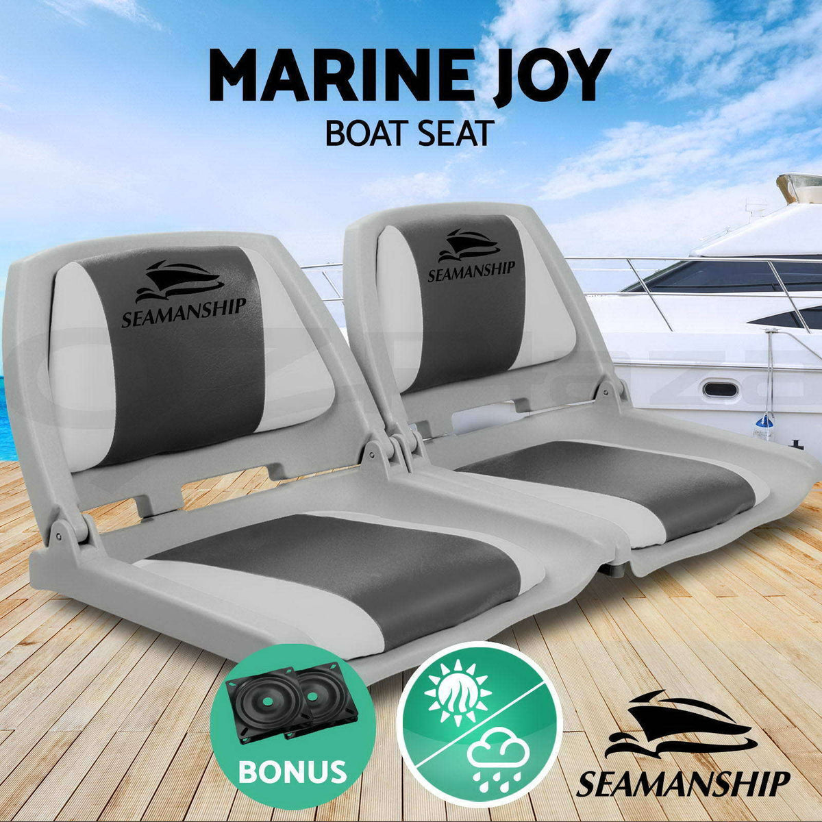 Seamanship 2X Folding Boat Seats Marine Seat Swivel Low Back 4cm Padding Grey