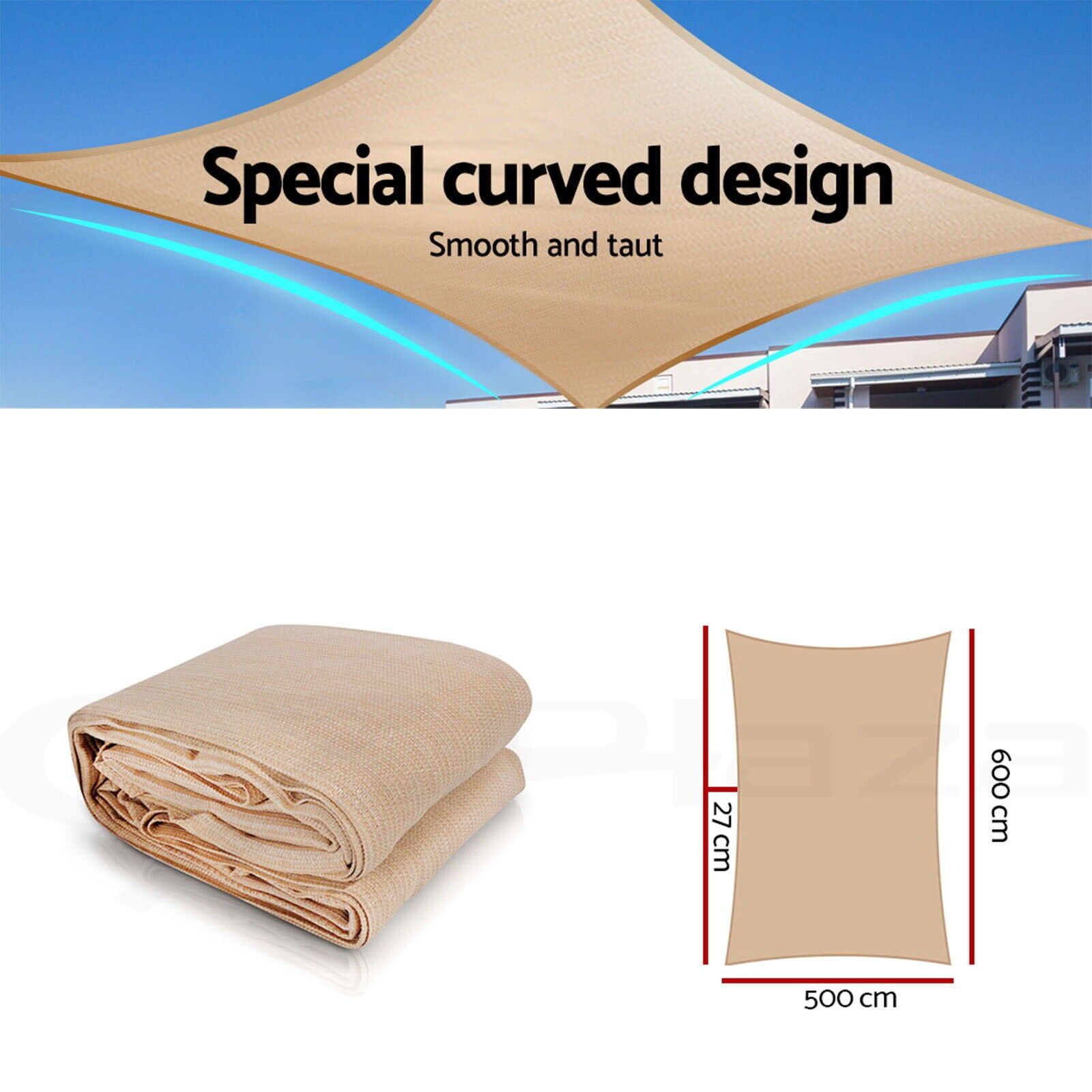 Instahut Shade Sail 5x6m Rectangle 280GSM 98% Sand Shade Cloth