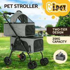 i.Pet Pet Stroller 2-tier Dog Pram Large Cat Carrier Travel Pushchair Foldable