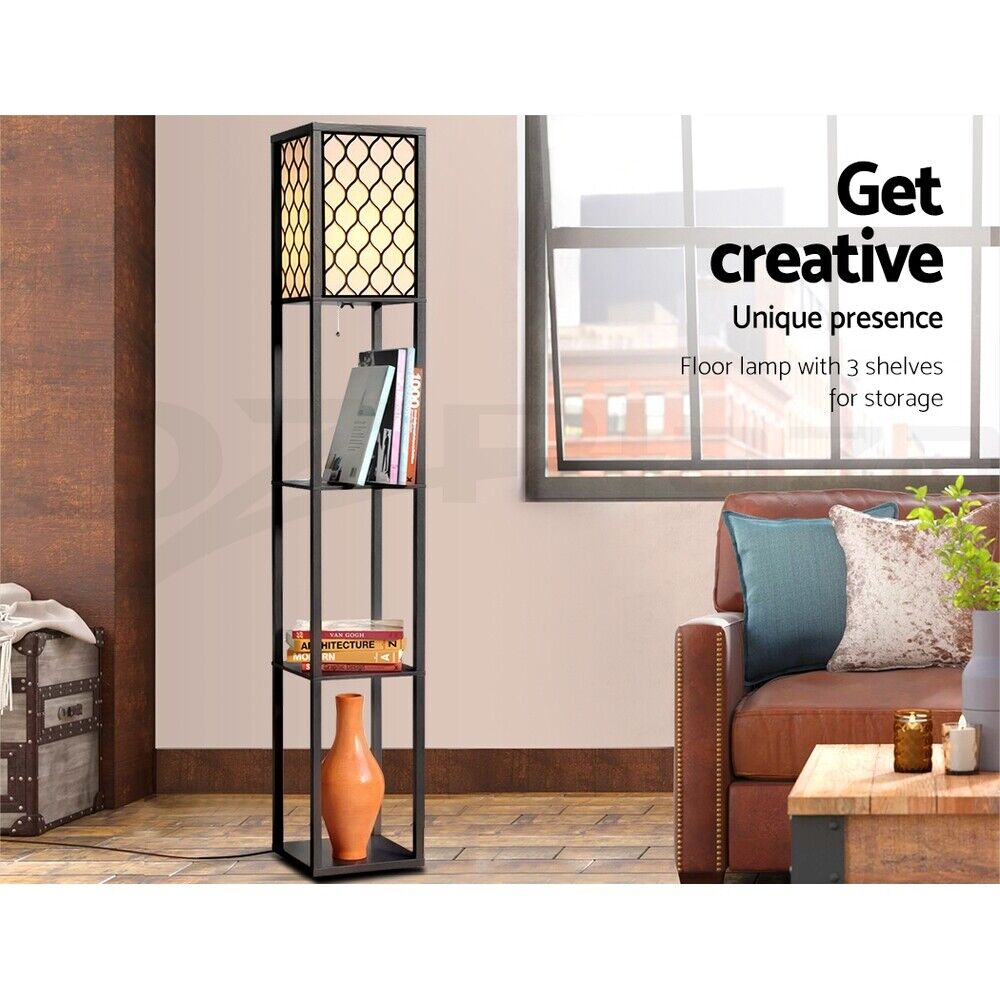 Artiss Floor Lamp 3 Tier Shelf Storage LED Light Stand Home Room Pattern Black