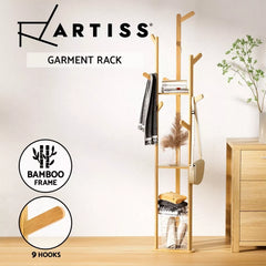 Artiss Clothes Rack Coat Stand 9 Hooks Tree Shelf Bamboo