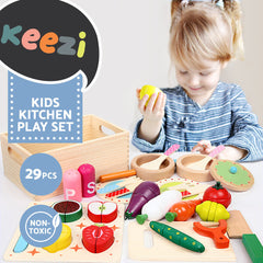 Keezi Kids Kitchen Play Set Wooden Pretend Toys Cooking Utensils Pots Pans Food