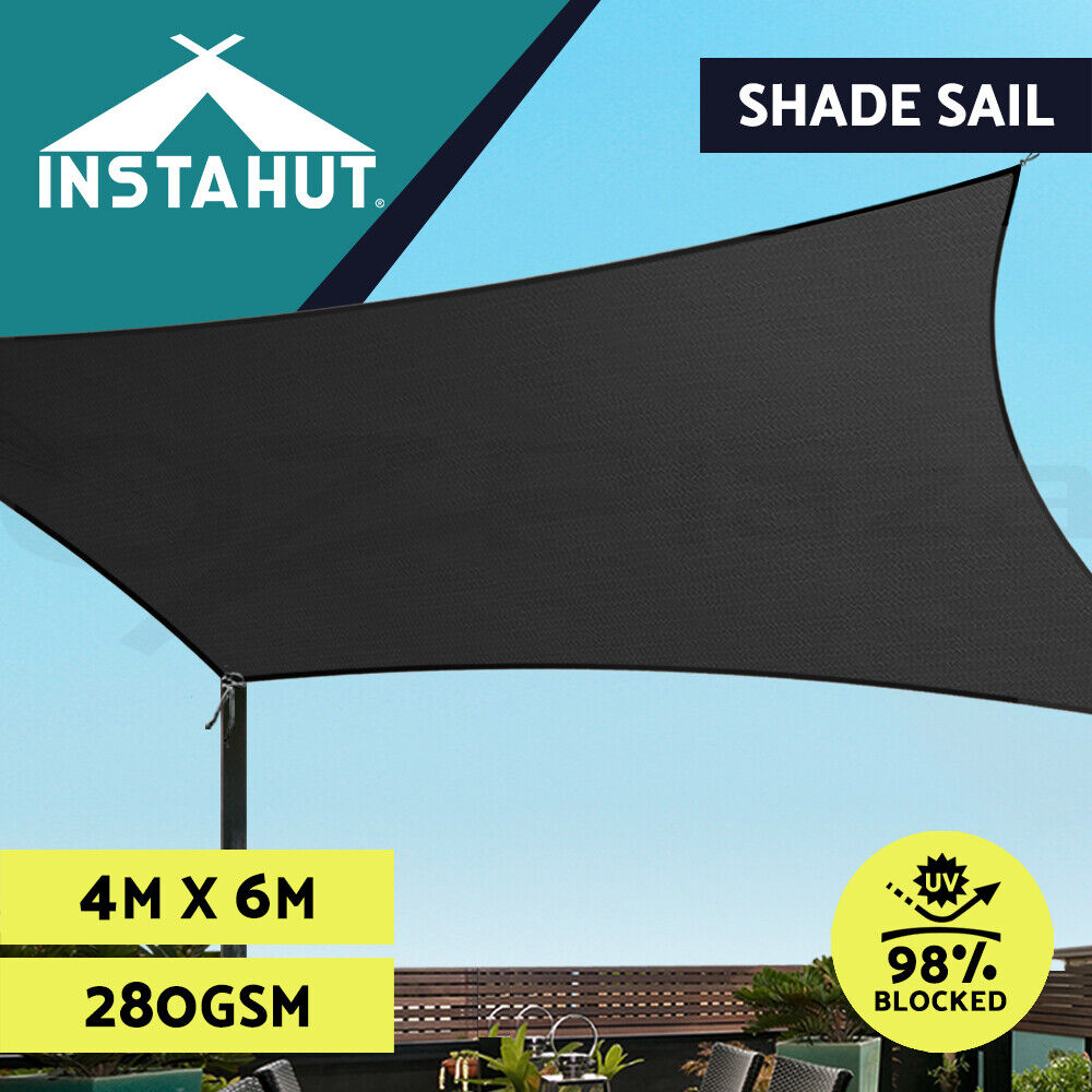 Instahut Shade Sail 4x6m Rectangle 280GSM 98% Black Shade Cloth