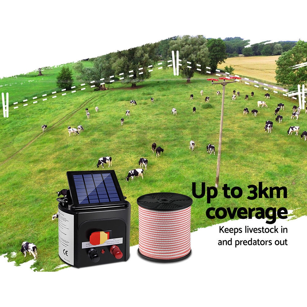 Giantz Fence Energiser 3KM Solar Powered Electric 400M Poly Tape Insulator