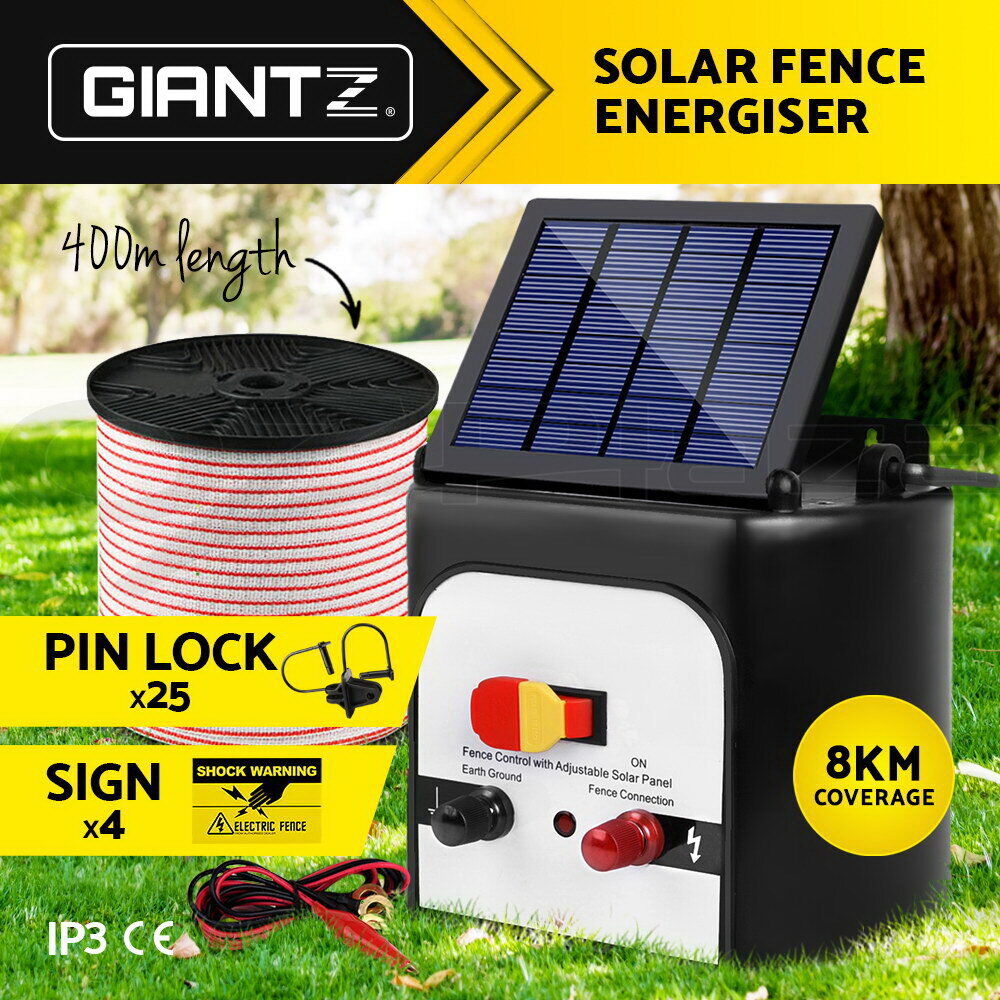 Giantz Fence Energiser 8KM Solar Powered Electric 400M Poly Tape Insulator