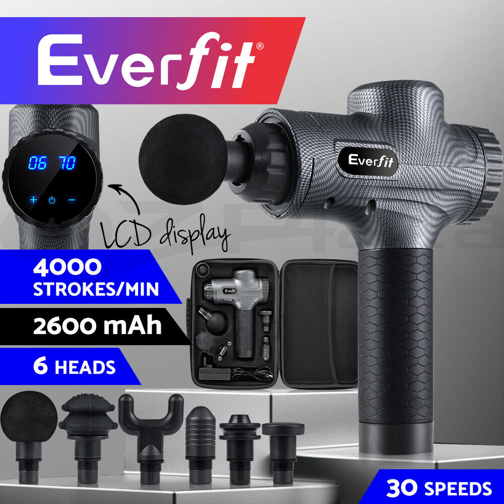 Everfit Massage Gun 30 Speed 6 Heads Vibration Muscle Massager Chargeable Grey