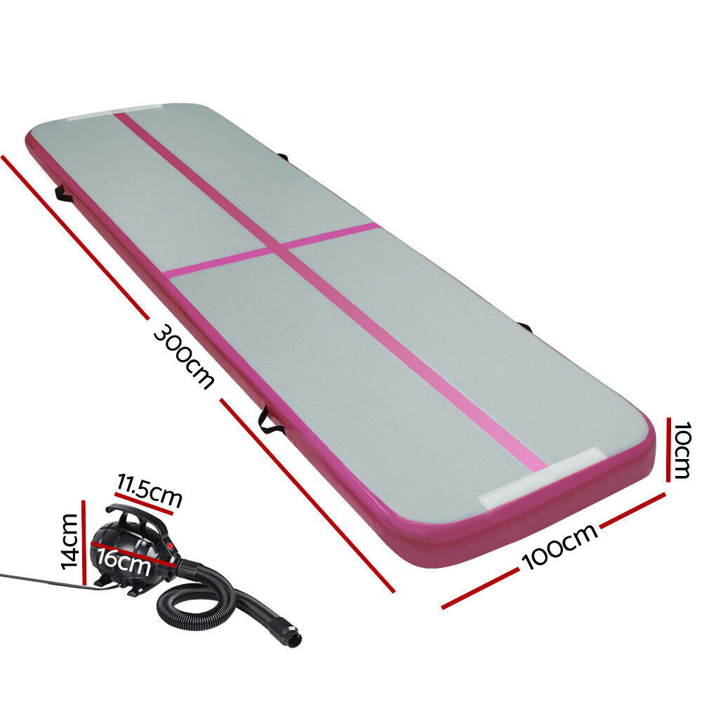 Everfit GoFun 3m x 1m Inflatable Air Track Mat with Pump Tumbling Gymnastics Pink