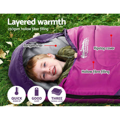 Weisshorn Sleeping Bag Kids Single 172cm Thermal Camping Hiking Pink