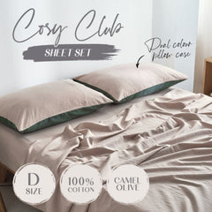 Cosy Club Cotton Bed Sheets Set Green Beige Cover Double