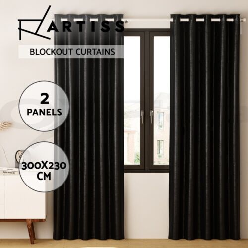 Artiss 2X Blockout Curtains Eyelet 300x230cm Black Shine