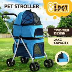 i.Pet Pet Stroller Dog Pram Large Cat Carrier Travel Foldable 4 Wheels Double