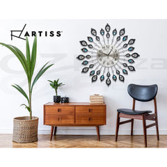 Artiss 60cm Wall Clock Large 3D Peacock Crystal Silver