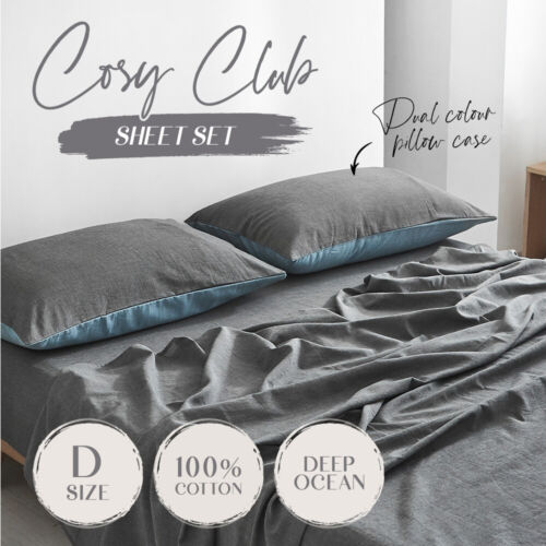 Cosy Club Cotton Bed Sheets Set Blue Grey Cover Double