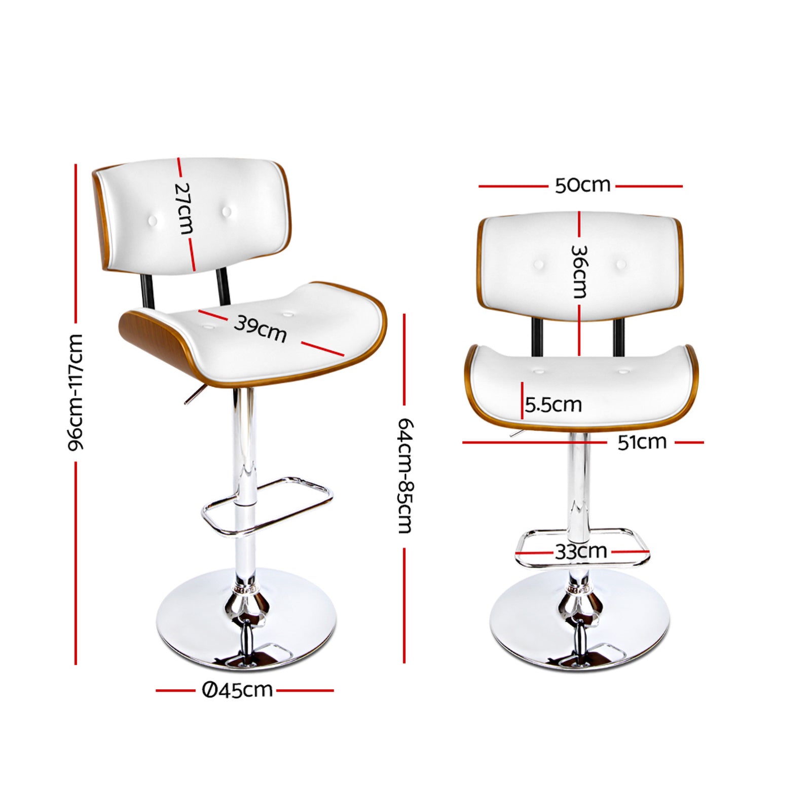 Artiss Set of 2 Wooden Gas Lift Bar Stool - White and Chrome