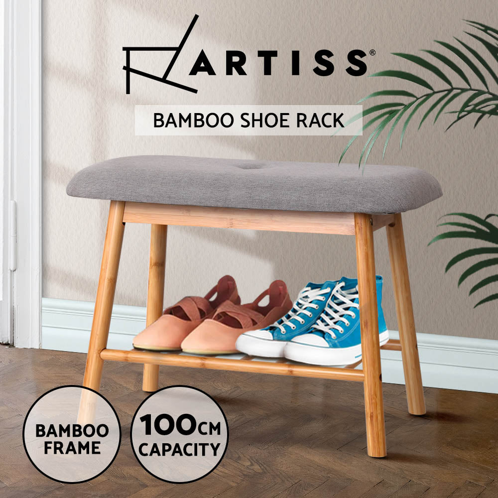 Artiss Shoe Bench Bamboo Rack Cabinet Storage Stool Fabric Cushioned Seat Shelf