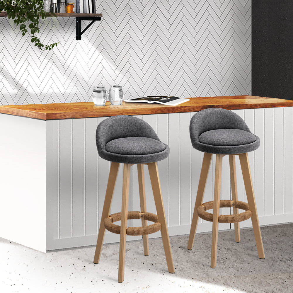 Artiss 2x Kitchen Bar Stools Wooden Stool Chairs Swivel Barstools Fabric Grey