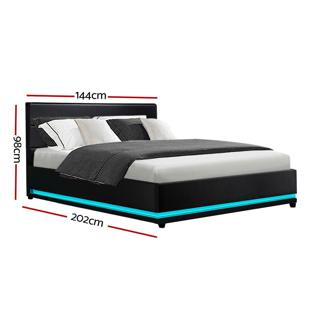 Artiss Lumi LED Bed Frame PU Leather Gas Lift Storage - Black Double