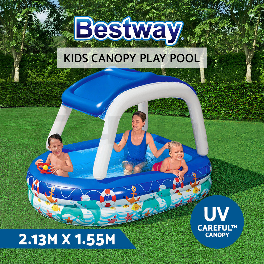 Bestway Kids Pool 213x155x132cm Inflatable Swimming w/ Canopy Play Pools 282L