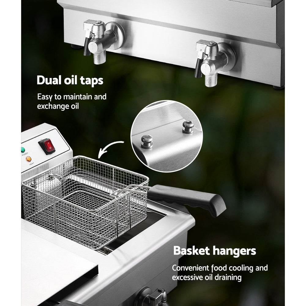 Devanti 20L Electric Commercial Deep Fryer Double Baskets Oil Taps 6000W