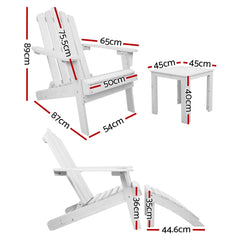 Gardeon 5PC Adirondack Outdoor Table and Chairs Wooden Sun Lounge Patio Furniture White