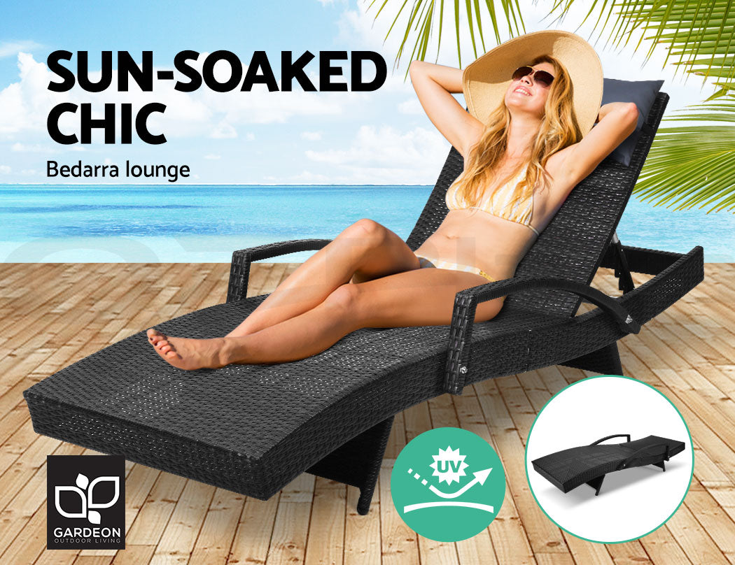 Gardeon Sun Lounge Wicker Lounger Outdoor Furniture Beach Chair Armrest Adjustable Black