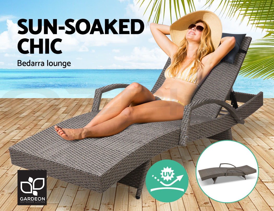 Gardeon Sun Lounge Wicker Lounger Outdoor Furniture Beach Armchair Adjustable Grey&Beige