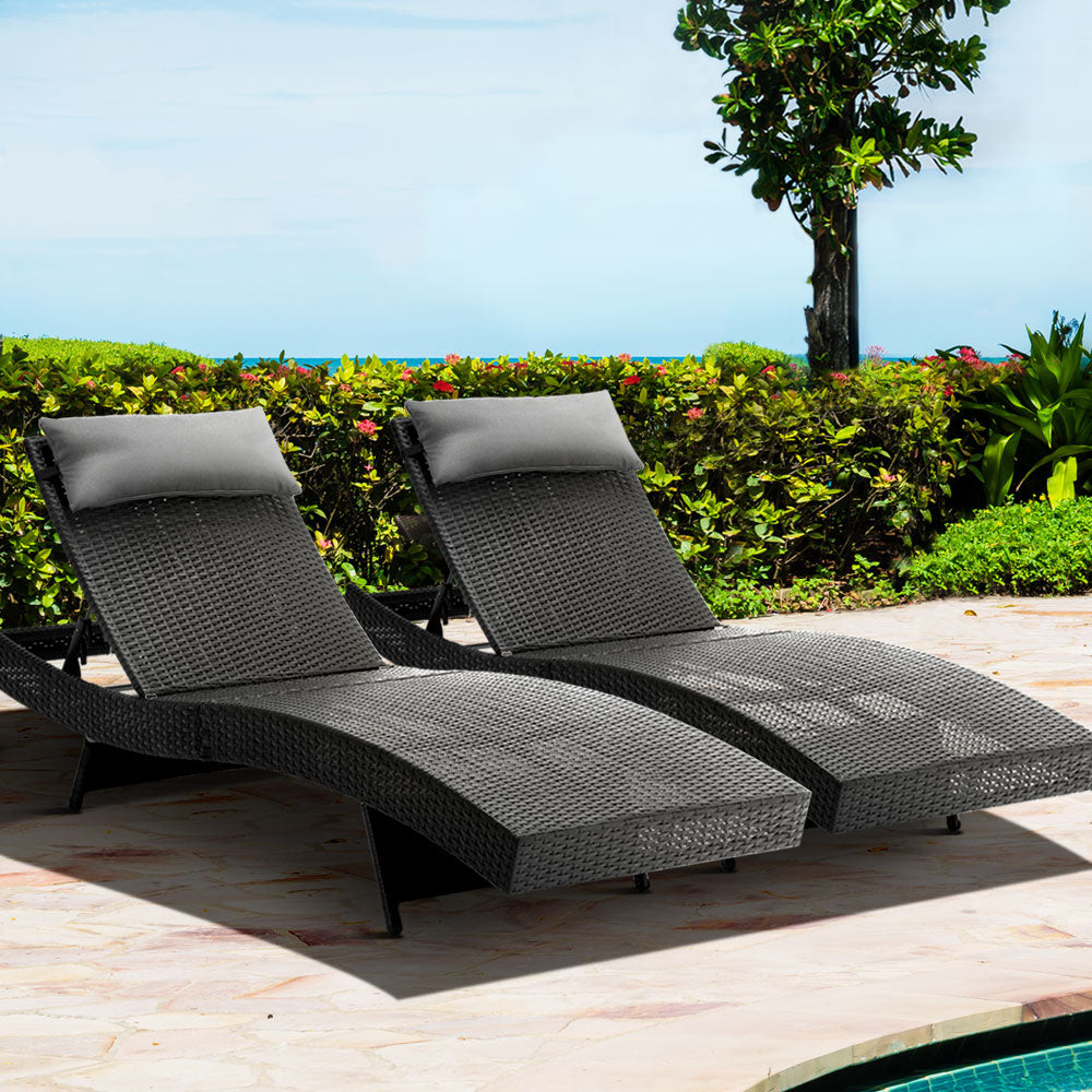 Gardeon 2PC Sun Lounge Wicker Lounger Outdoor Furniture Beach Chair Garden Adjustable Black