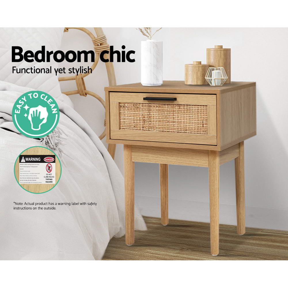 Artiss Bedside Tables Rattan Drawers Side Table Storage Cabinet Wood Nightstand