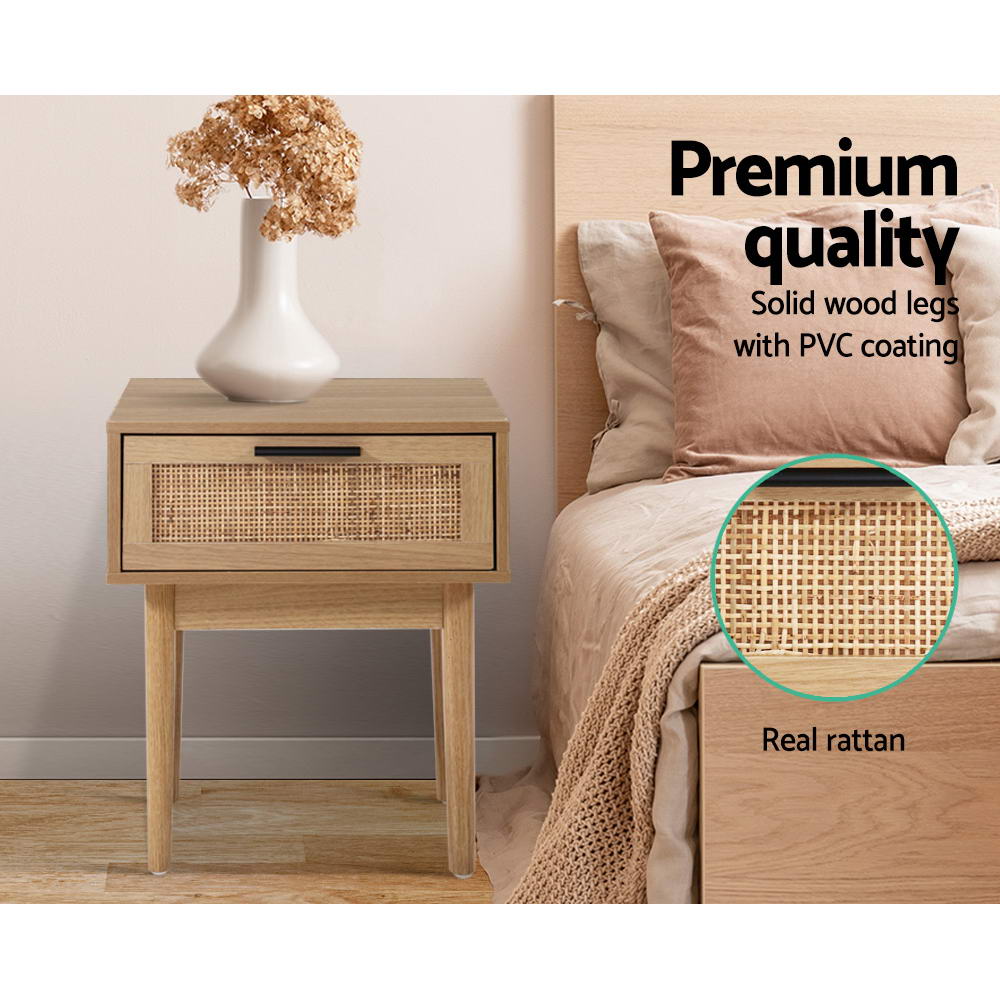 Artiss Bedside Tables Rattan Drawers Side Table Storage Cabinet Wood Nightstand