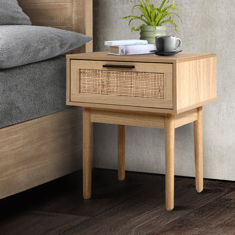 Artiss Bedside Tables Rattan Drawers Side Table Storage Cabinet Wood Nightstand