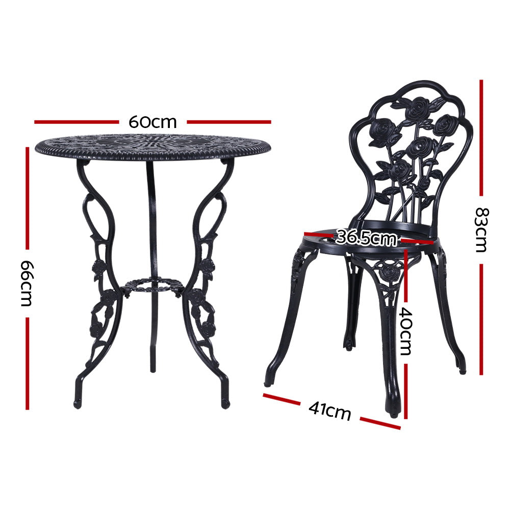 Gardeon 3PC Outdoor Setting Bistro Set Chairs Table Cast Aluminum Rose Black