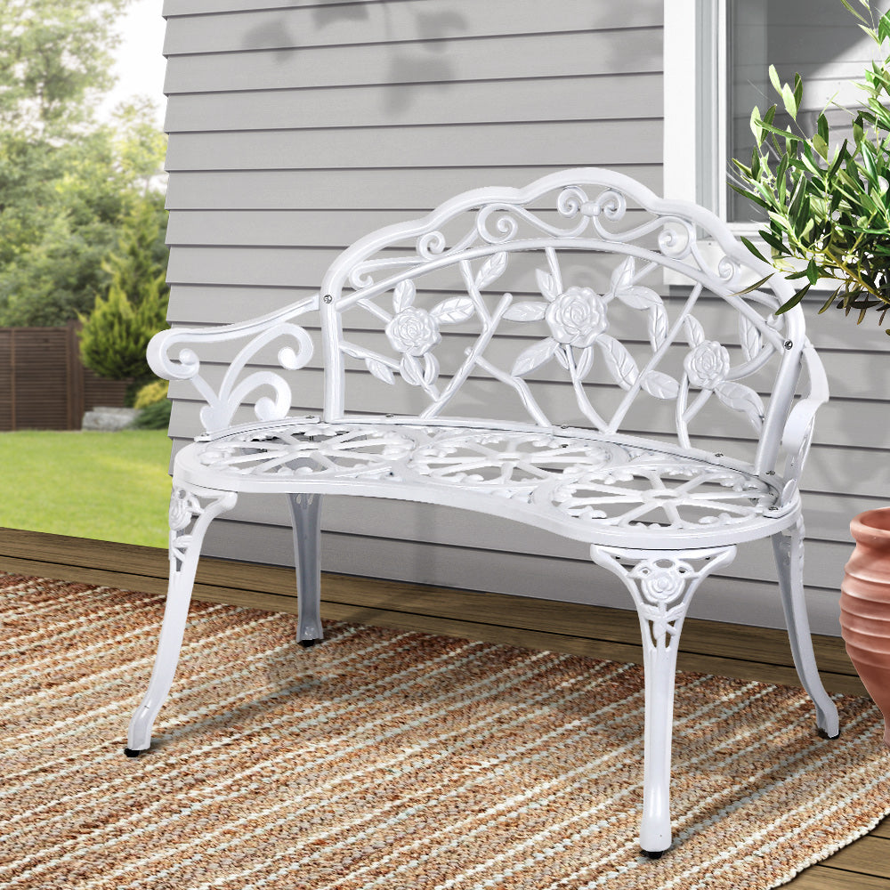 Gardeon Outdoor Garden Bench Seat 100cm Cast Aluminium Outdoor Patio Chair Vintage White