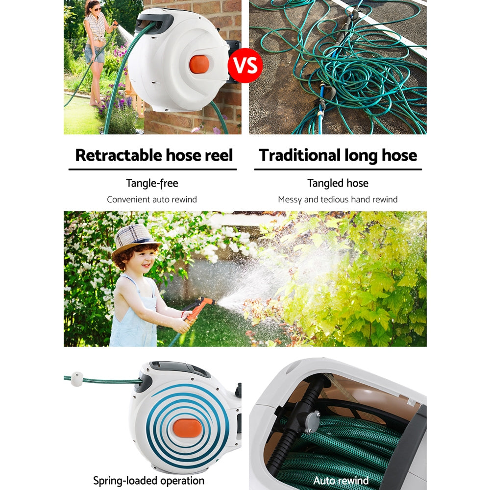 Greenfingers Water Hose Reel 30M Retractable Garden Brass Spray Gun Auto Rewind