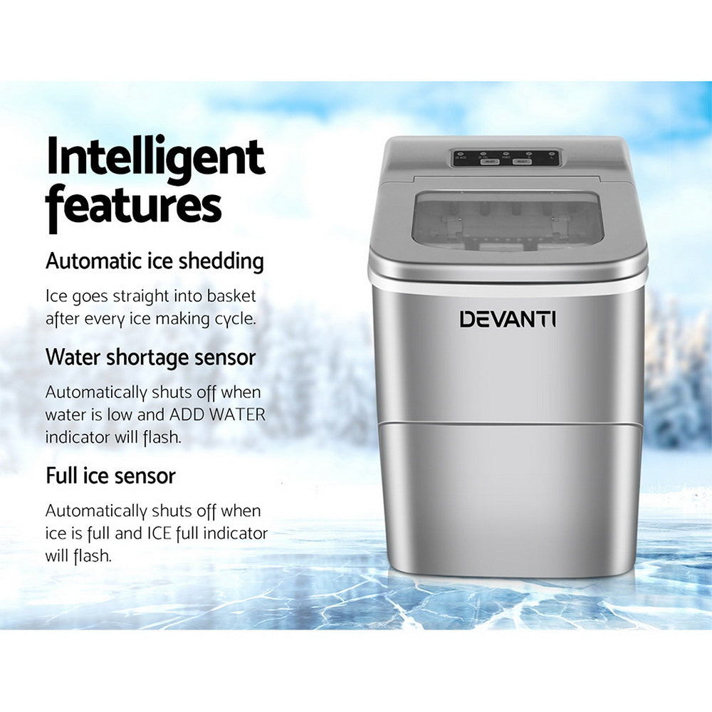 Devanti Portable Ice Maker Commercial Machine Ice Cube 2L Bar Countertop Silver