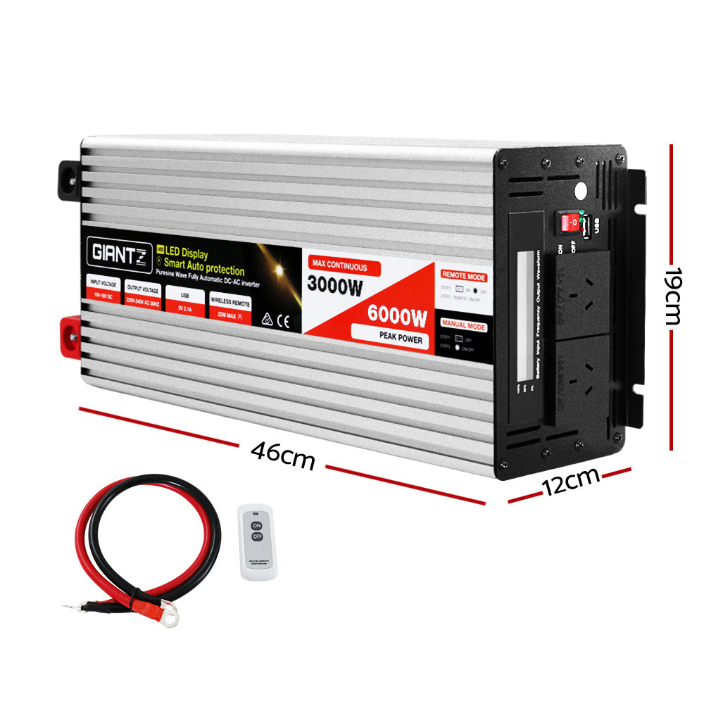 Giantz 3000W/6000W Pure Sine Wave Power Inverter 12V to 240V Camping Car Boat