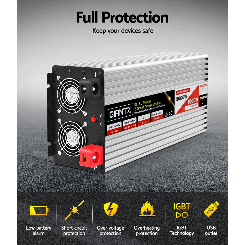 Giantz 3000W/6000W Pure Sine Wave Power Inverter 12V to 240V Camping Car Boat