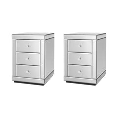 Artiss Set of 2 Bedside Table 3 Drawers Mirrored Glass - PRESIA Silver