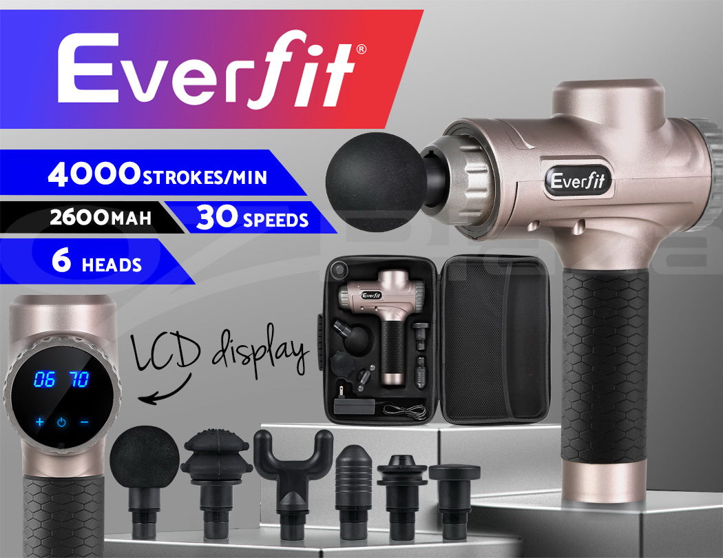 Everfit Massage Gun 30 Speed 6 Heads Vibration Muscle Massager Chargeable Gold