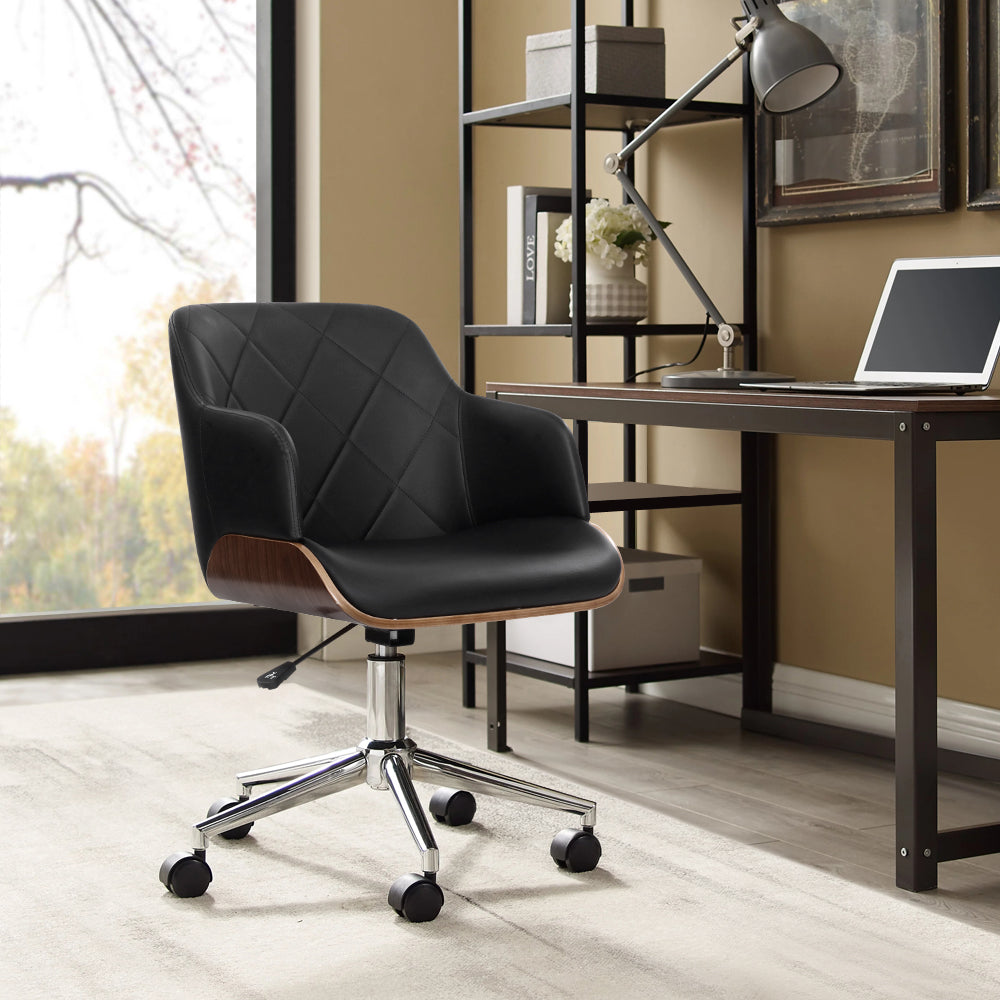 Artiss Wooden Office Chair Computer PU Leather Desk Chairs Executive Black Wood