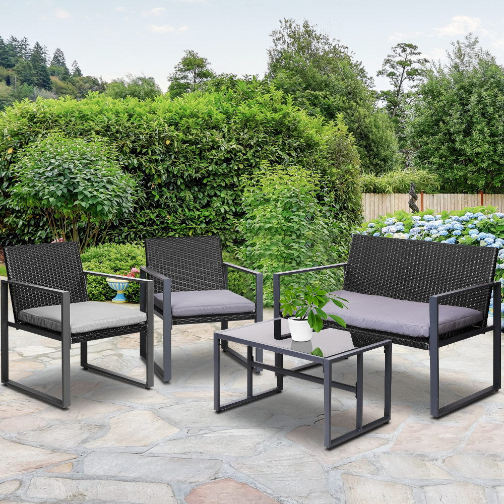 Gardeon 4 PCS Outdoor Sofa Set Rattan Furniture Glass Top Table Chairs Black