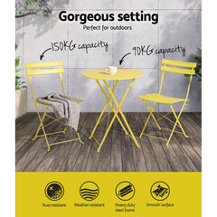 Gardeon 3PC Outdoor Bistro Set Steel Table and Chairs Patio Furniture Yellow