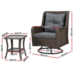 Gardeon 3PC Outdoor Furniture Bistro Set Lounge Wicker Swivel Chairs Table Cushion Brown