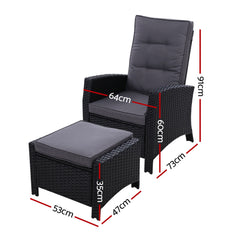 Gardeon 2PC Recliner Chairs Sun lounge Wicker Lounger Outdoor Furniture Adjustable Black